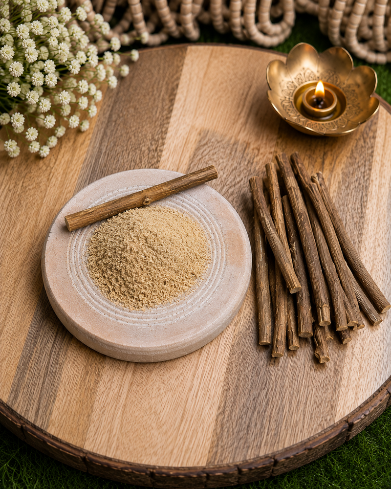Natural Tulsi Sticks with Chandan Grinding Stone (Silpatta) | Tulsi Wood Sticks for Tilak & Puja (10 tulsi sticks ) ￼