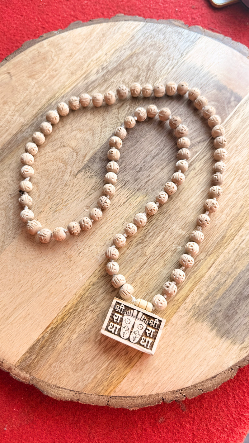 Shree Radha Naam & Radha Ji Charan Chinh Bhaktmal Locket Handmade Original Tulsi Mala | Pyaro Vrindavan Store