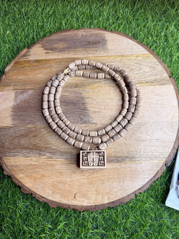 3 Round Shri ji Charan Bhaktmaal Locket & Radha Name Handcrafted Tulsi Beads Kanthi Mala