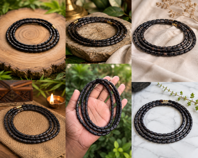 Original Black Tulsi Kanthi Mala – 3 Round | Natural Tulsi Wood Beads | Spiritual Mala