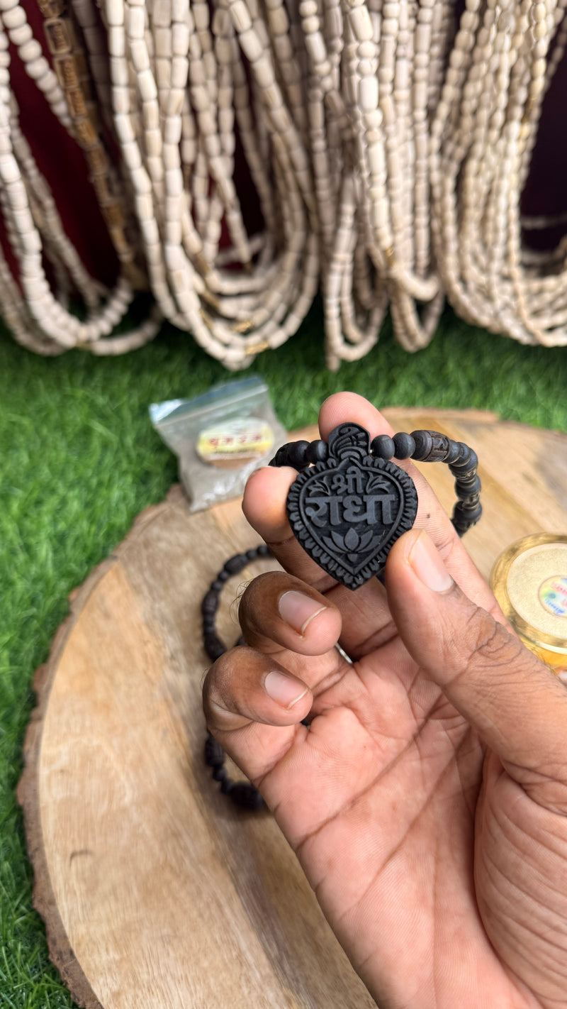 Original Black Tulsi Mala – 2 Round | Radha Naam Beads | Shree Radha Naam Locket | Natural Tulsi Kanthi Mala