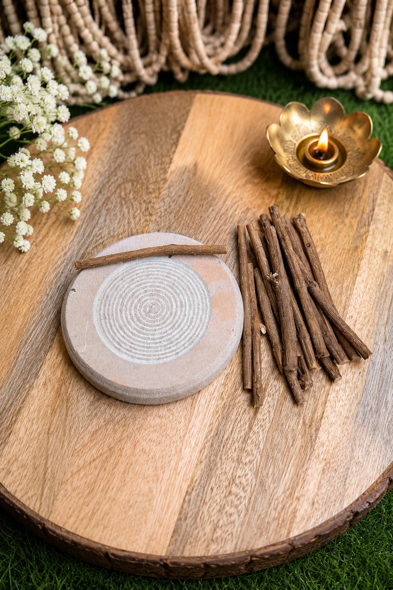 Natural Tulsi Sticks with Chandan Grinding Stone (Silpatta) | Tulsi Wood Sticks for Tilak & Puja (10 tulsi sticks ) ￼