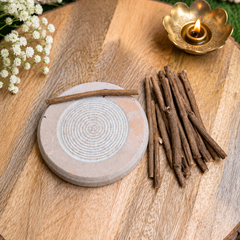 Natural Tulsi Sticks with Chandan Grinding Stone (Silpatta) | Tulsi Wood Sticks for Tilak & Puja (10 tulsi sticks ) ￼