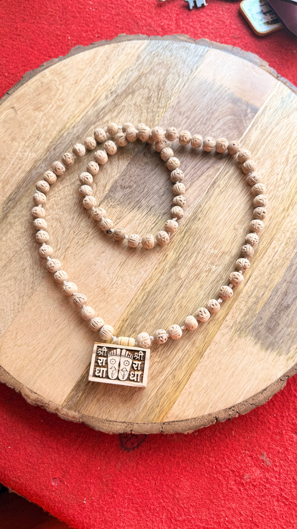 Shree Radha Naam & Radha Ji Charan Chinh Bhaktmal Locket Handmade Original Tulsi Mala | Pyaro Vrindavan Store
