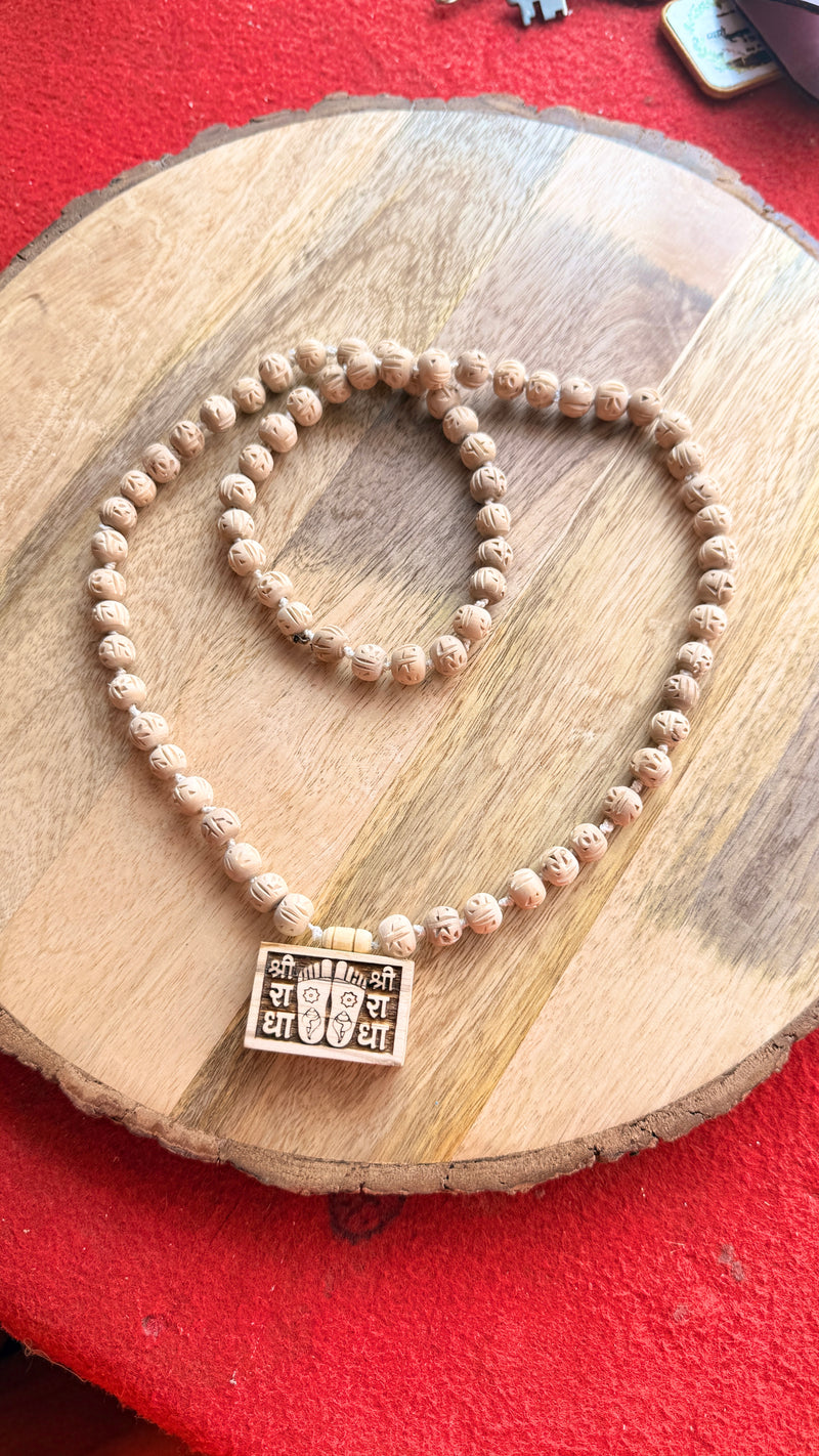 Shree Radha Naam & Radha Ji Charan Chinh Bhaktmal Locket Handmade Original Tulsi Mala | Pyaro Vrindavan Store