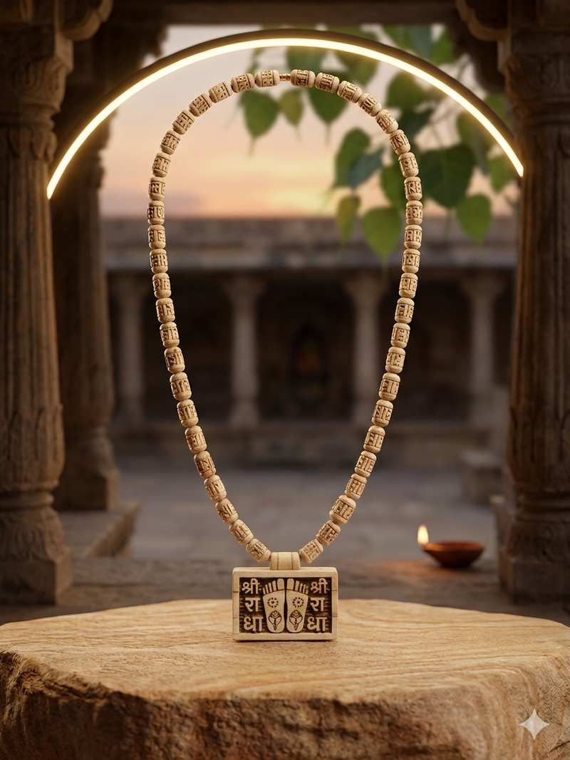 Shree Radha Naam & Radha rani Charan Bhaktmar Tulsi Locate & Radha naam handcrafted Tulsi beats original Tulsi Mala ￼(18 Inch )